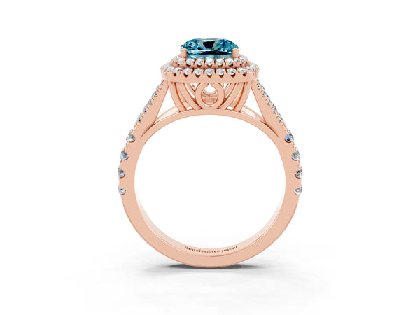 Rose gold Double Halo Cushion Cut Blue Topaz Pavé Split Shank Ring with Prong Setting