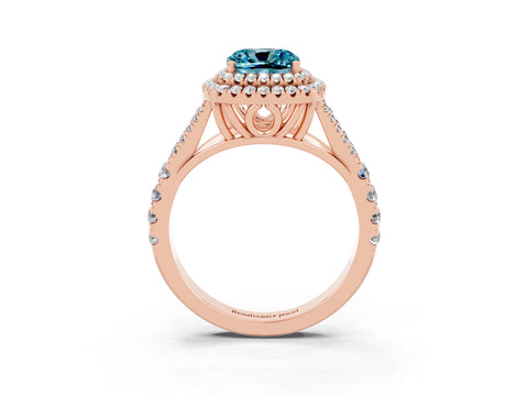 Rose gold Double Halo Cushion Cut Blue Topaz Pavé Split Shank Ring with Prong Setting_3