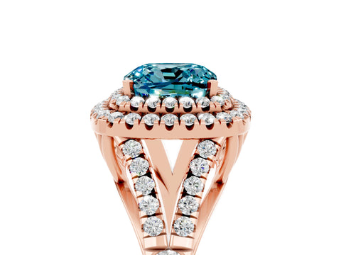 Rose gold Double Halo Cushion Cut Blue Topaz Pavé Split Shank Ring with Prong Setting_5