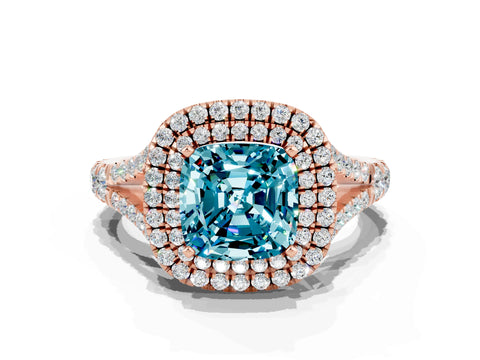 Rose gold Double Halo Cushion Cut Blue Topaz Pavé Split Shank Ring with Prong Setting
