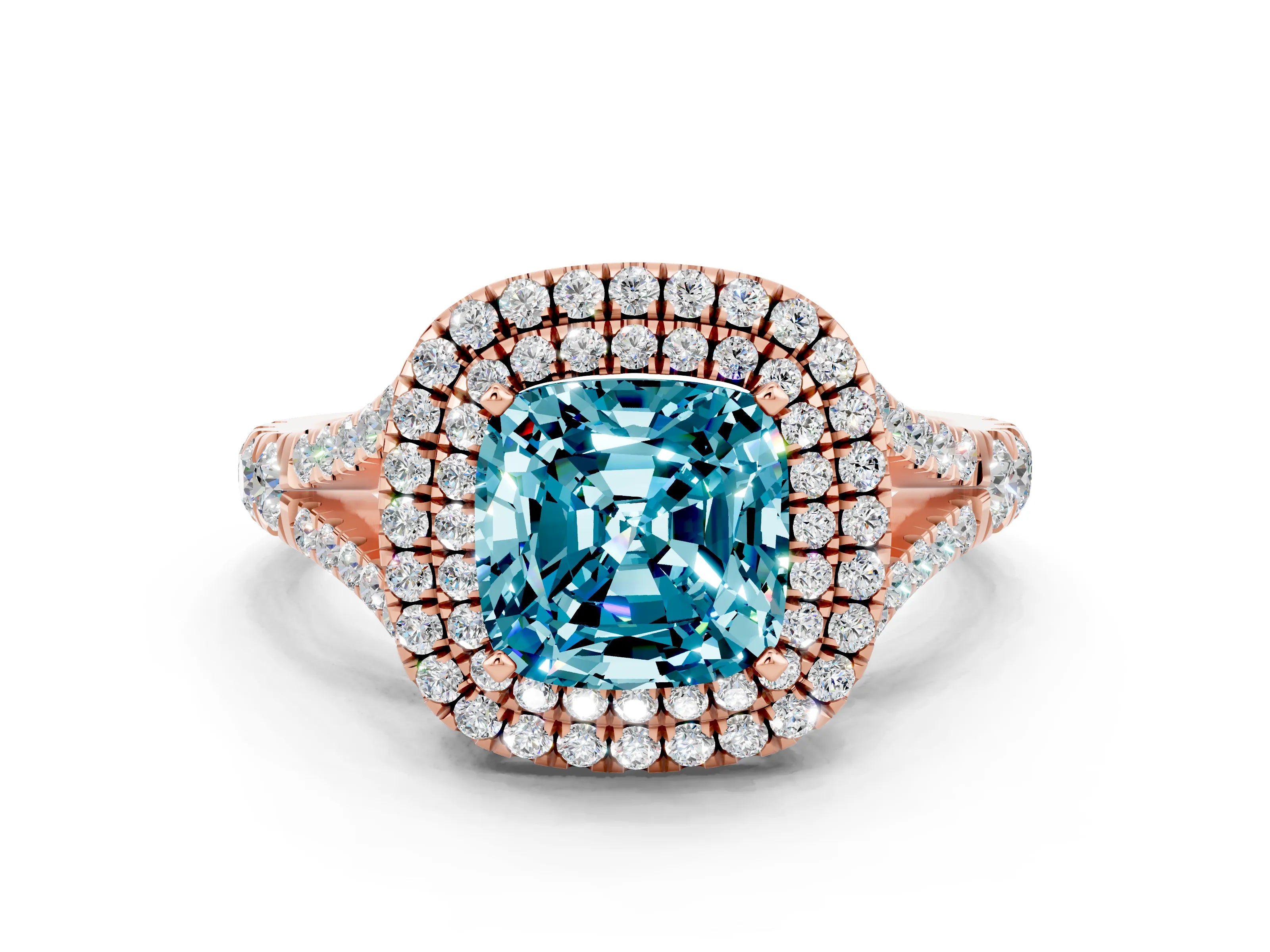 Rose gold Double Halo Cushion Cut Blue Topaz Split Shank Engagement Ring with Four-Prong Setting