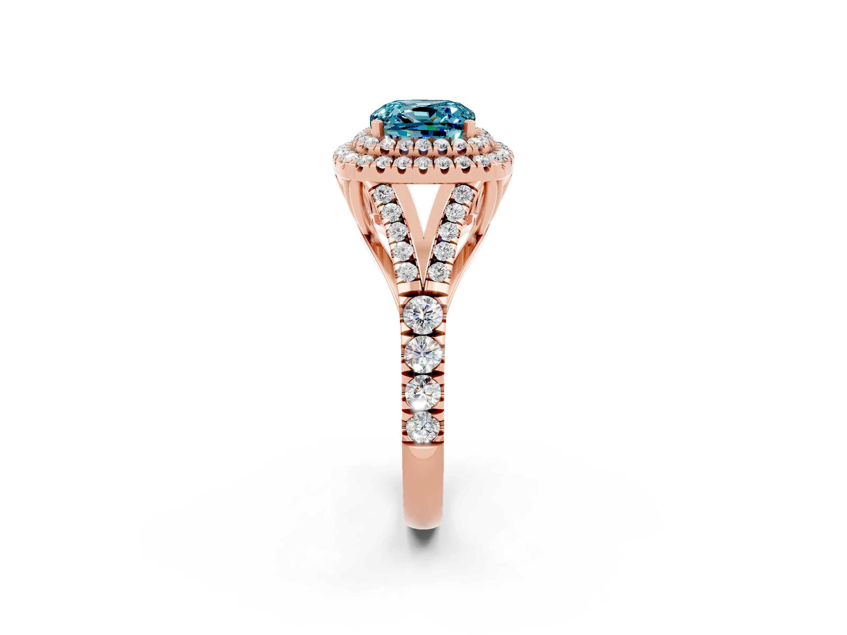 Rose gold Double Halo Cushion Cut Blue Topaz Split Shank Engagement Ring with Four-Prong Setting_2