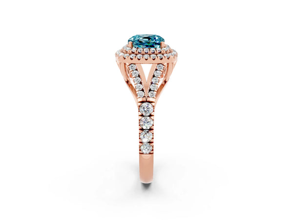 Rose gold Double Halo Cushion Cut Blue Topaz Split Shank Engagement Ring with Four-Prong Setting