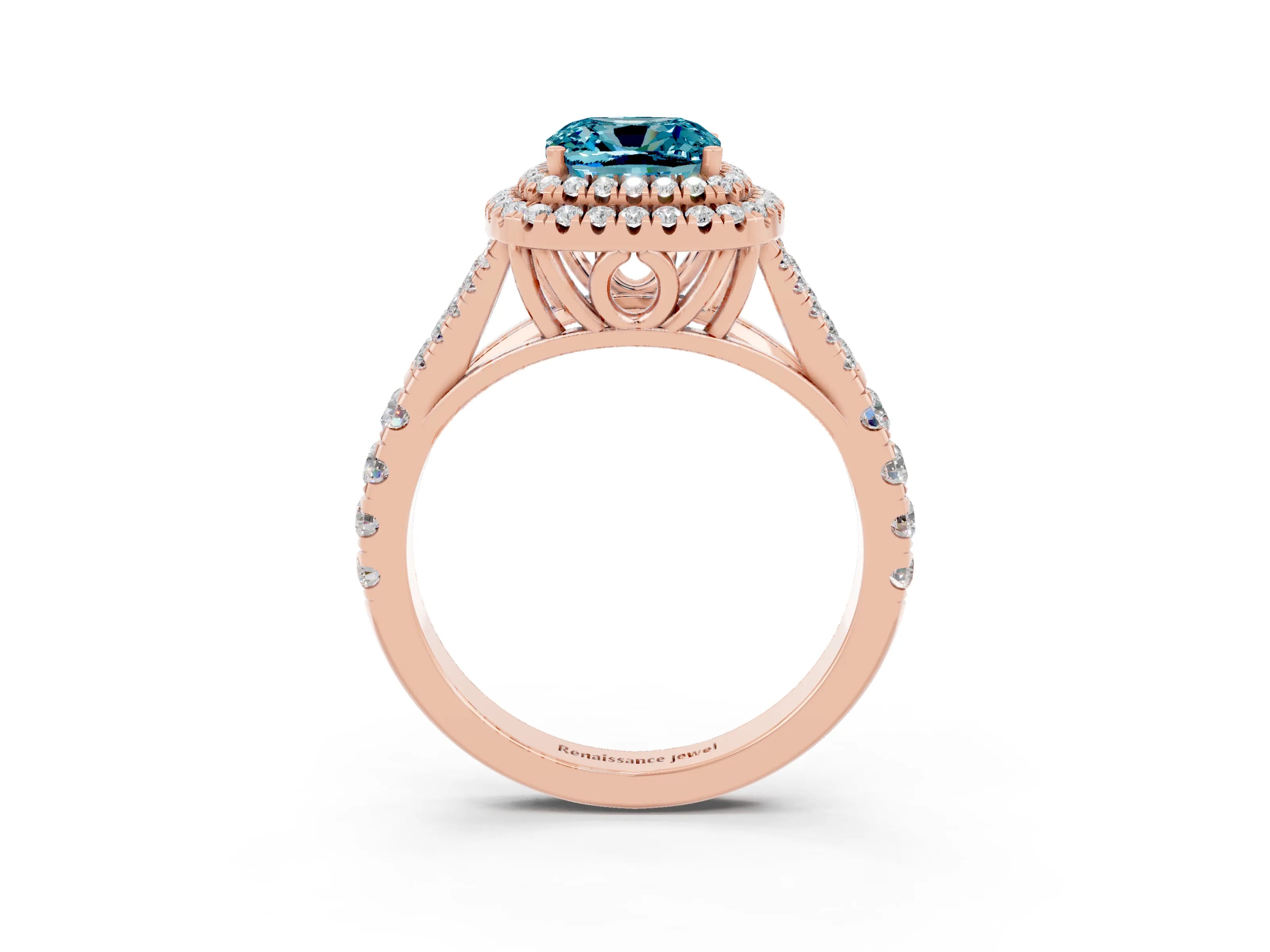 Rose gold Double Halo Cushion Cut Blue Topaz Split Shank Engagement Ring with Four-Prong Setting_3