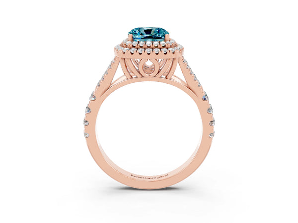 Rose gold Double Halo Cushion Cut Blue Topaz Split Shank Engagement Ring with Four-Prong Setting
