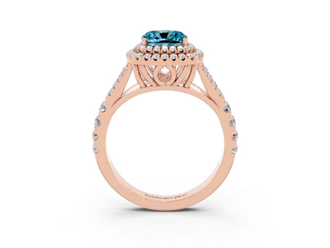 Rose gold Double Halo Cushion Cut Blue Topaz Split Shank Engagement Ring with Four-Prong Setting_3