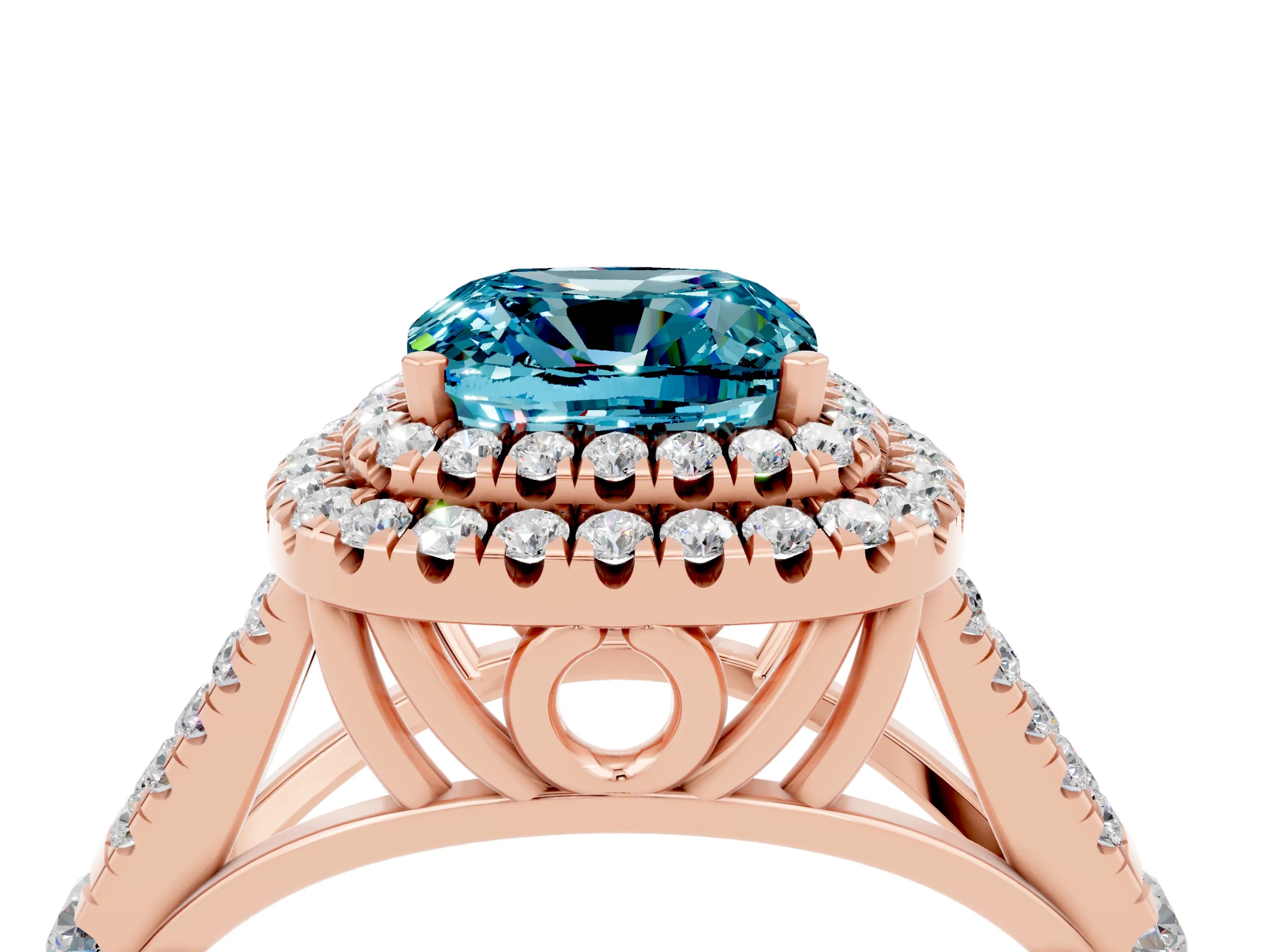 Rose gold Double Halo Cushion Cut Blue Topaz Split Shank Engagement Ring with Four-Prong Setting_4