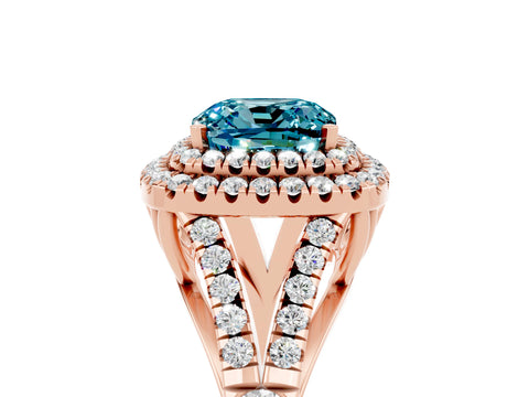 Rose gold Double Halo Cushion Cut Blue Topaz Split Shank Engagement Ring with Four-Prong Setting_5