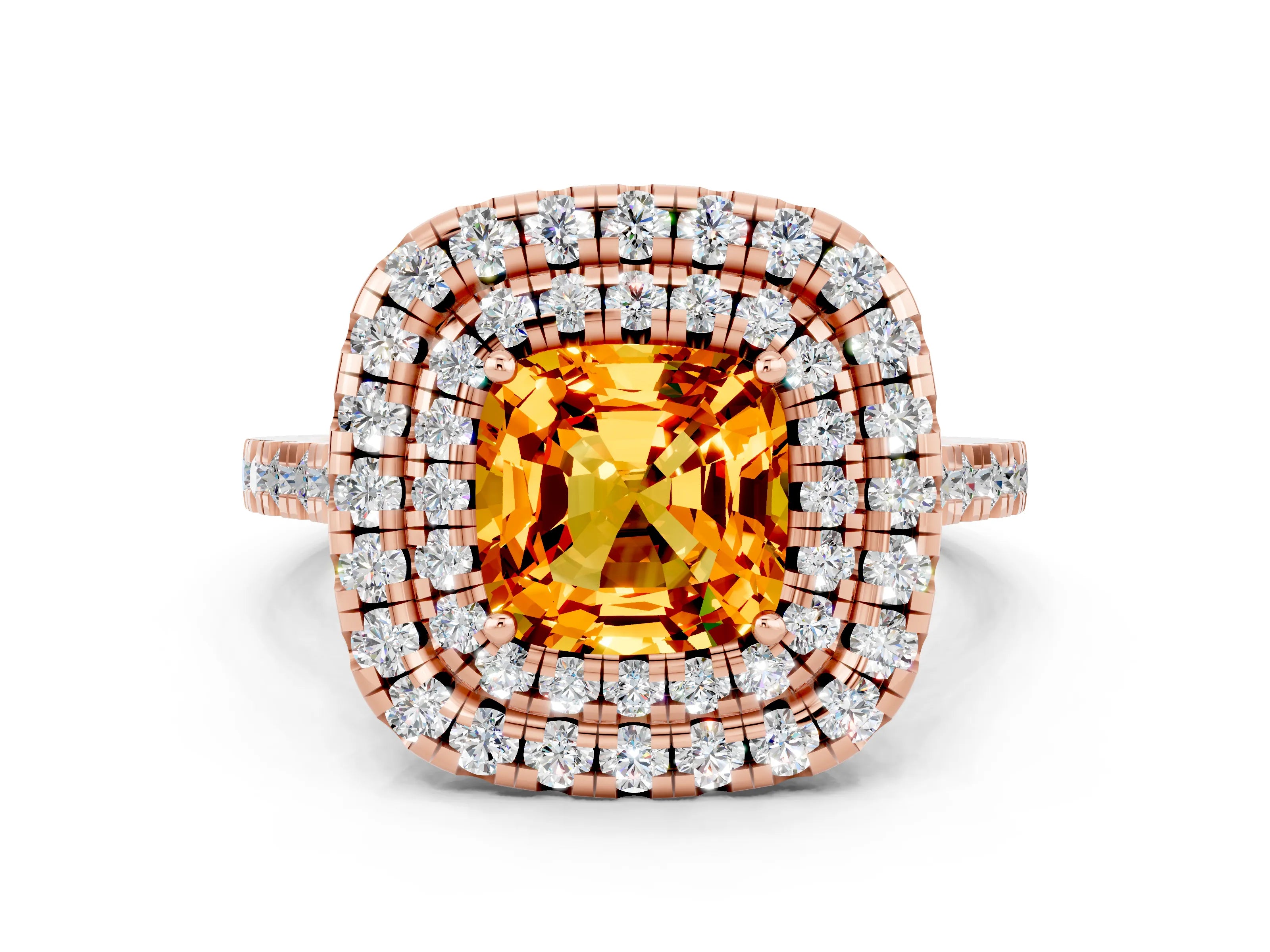 Rose gold Double Halo Cushion Cut Citrine Pavé Band with Four-Prong Setting