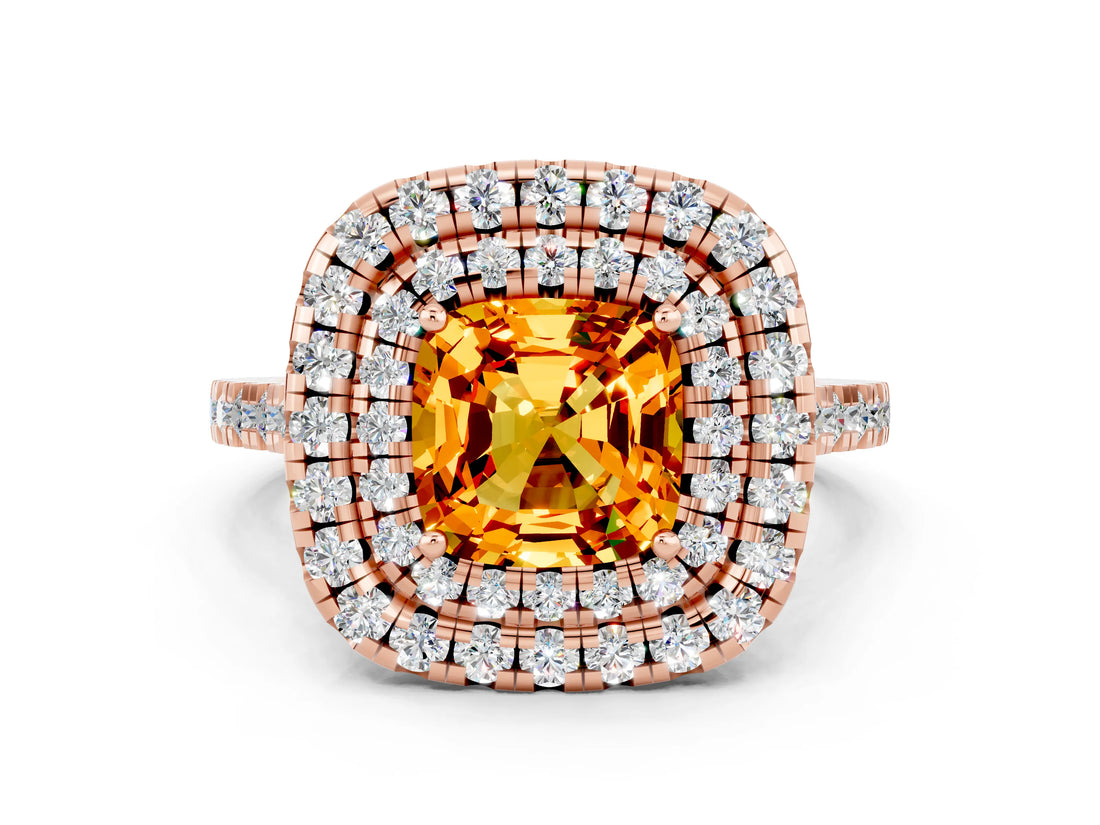 Rose gold Double Halo Cushion Cut Citrine Pavé Band with Four-Prong Setting