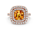 Rose gold Double Halo Cushion Cut Citrine Pavé Band with Four-Prong Setting