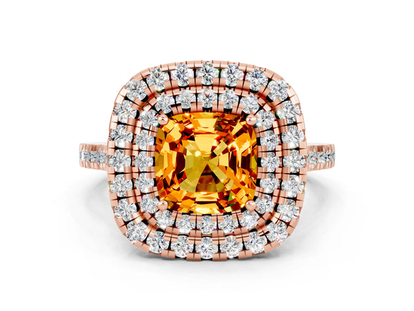 Rose gold Double Halo Cushion Cut Citrine Pavé Band with Four-Prong Setting