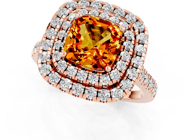 Rose gold Double Halo Cushion Cut Citrine Pavé Band with Four-Prong Setting