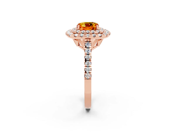 Rose gold Double Halo Cushion Cut Citrine Pavé Band with Four-Prong Setting