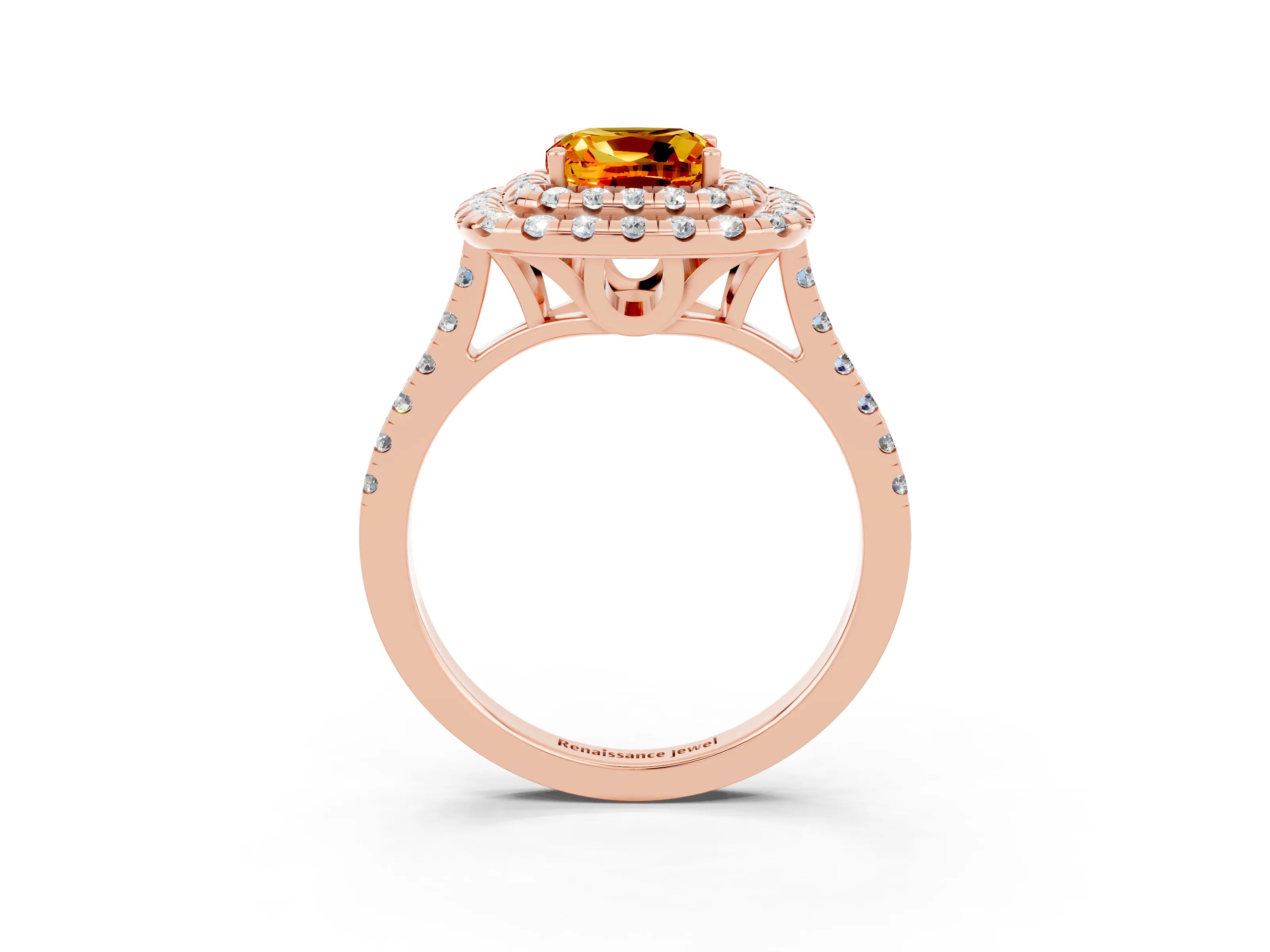 Rose gold Double Halo Cushion Cut Citrine Pavé Band with Four-Prong Setting_3