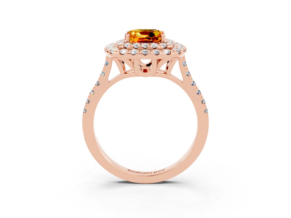 Rose gold Double Halo Cushion Cut Citrine Pavé Band with Four-Prong Setting