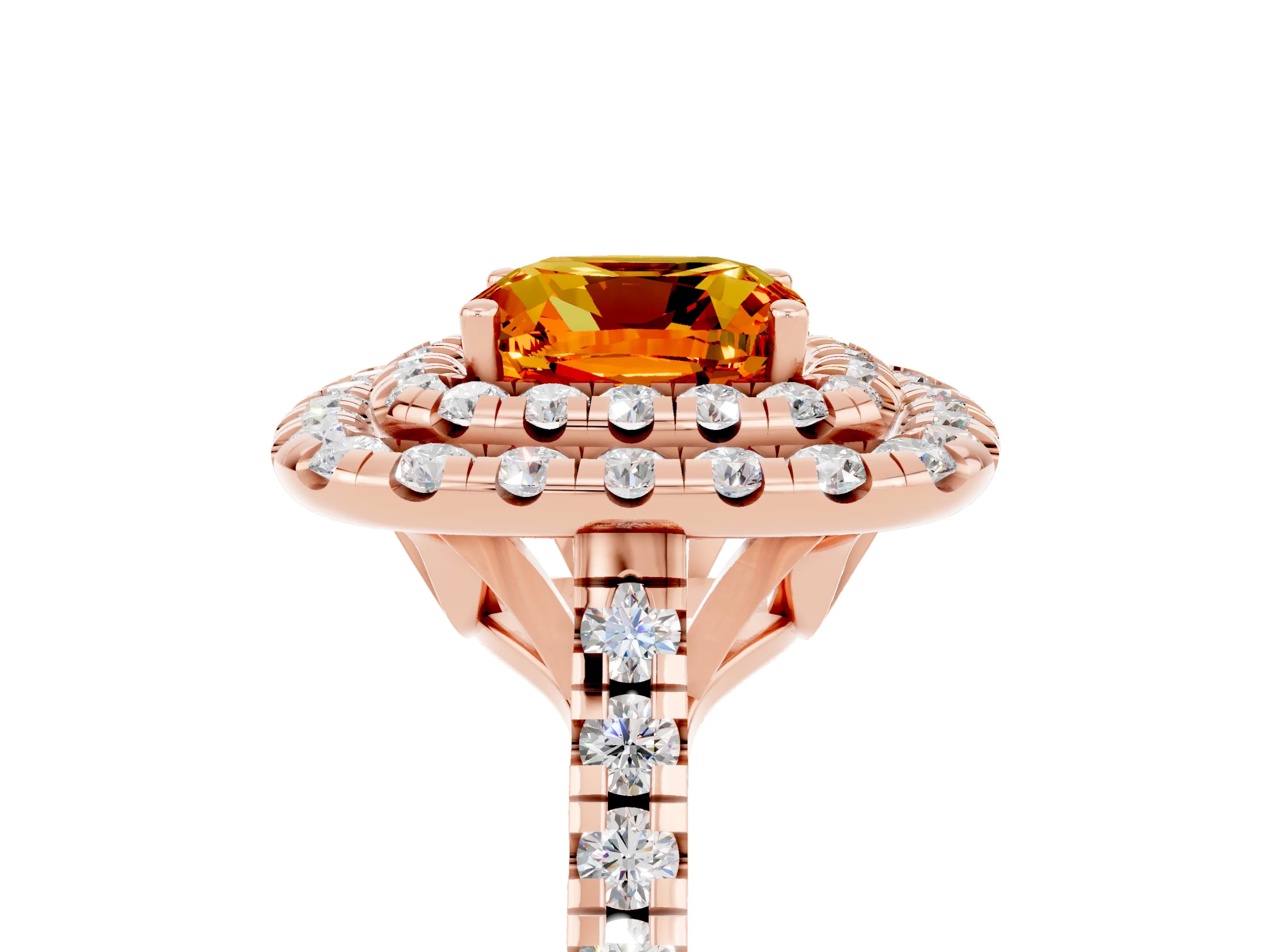Rose gold Double Halo Cushion Cut Citrine Pavé Band with Four-Prong Setting_5