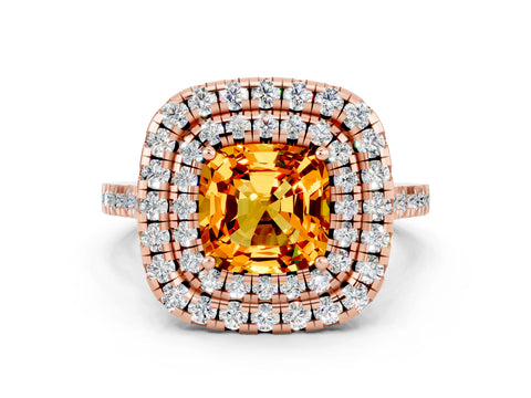 Rose gold Double Halo Cushion Cut Citrine Pavé Band with Four-Prong Setting