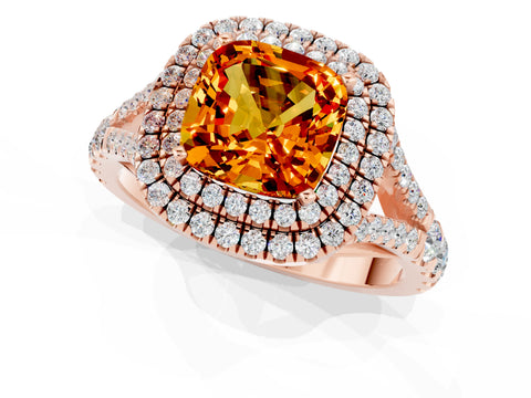 Rose gold Double Halo Cushion Cut Citrine Pavé Split Shank Ring with Prong Setting_1