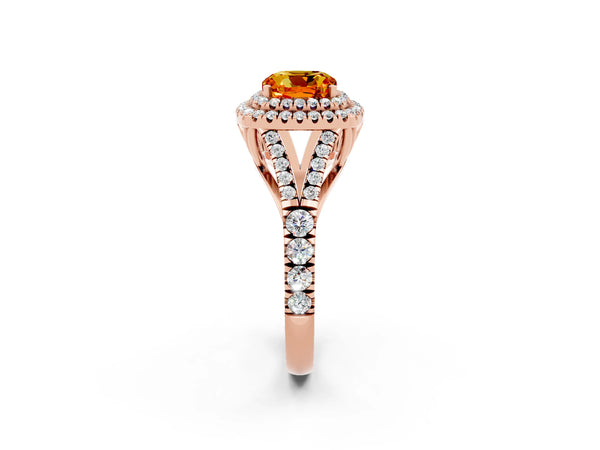 Rose gold Double Halo Cushion Cut Citrine Pavé Split Shank Ring with Prong Setting
