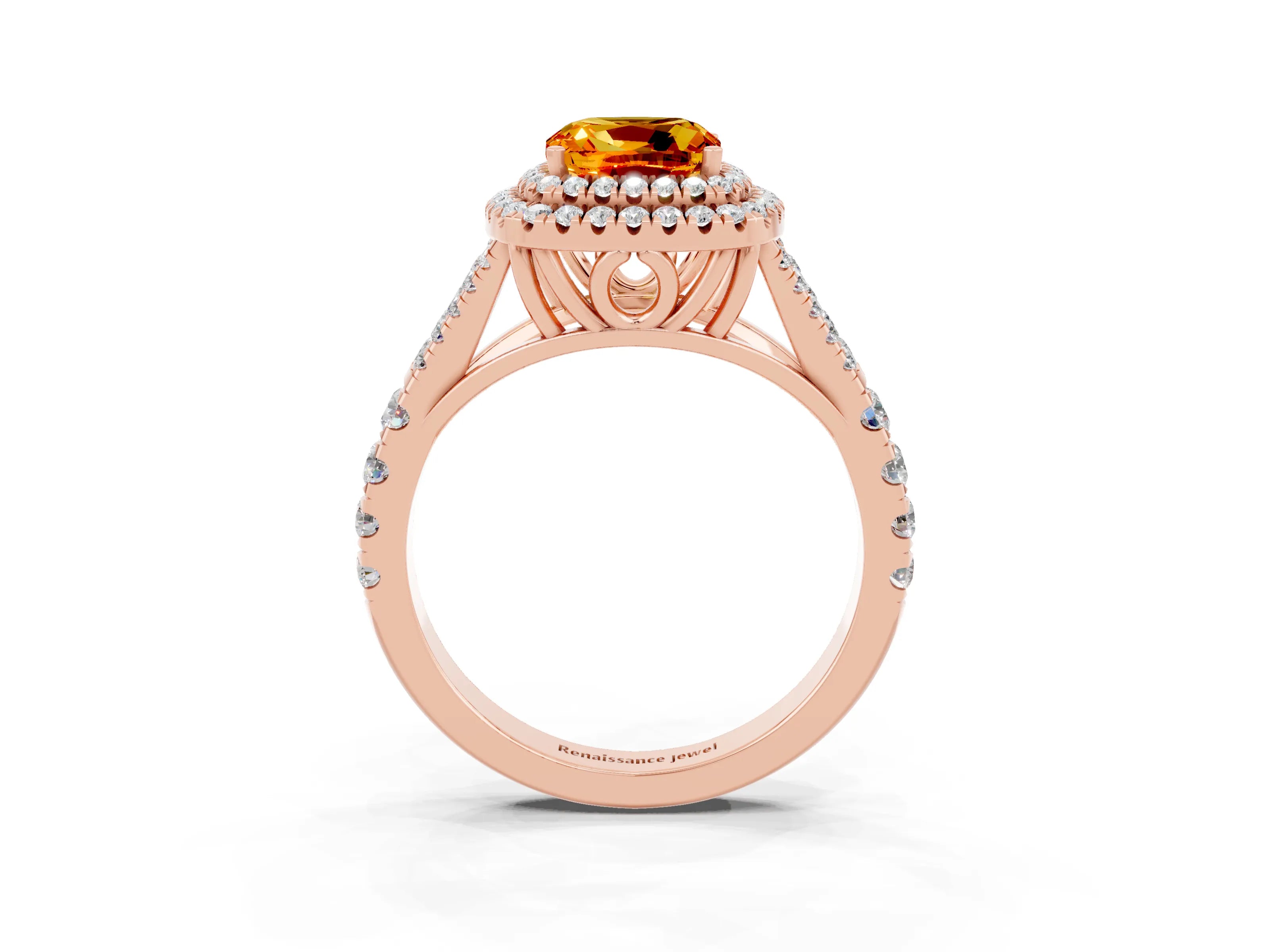 Rose gold Double Halo Cushion Cut Citrine Pavé Split Shank Ring with Prong Setting_3
