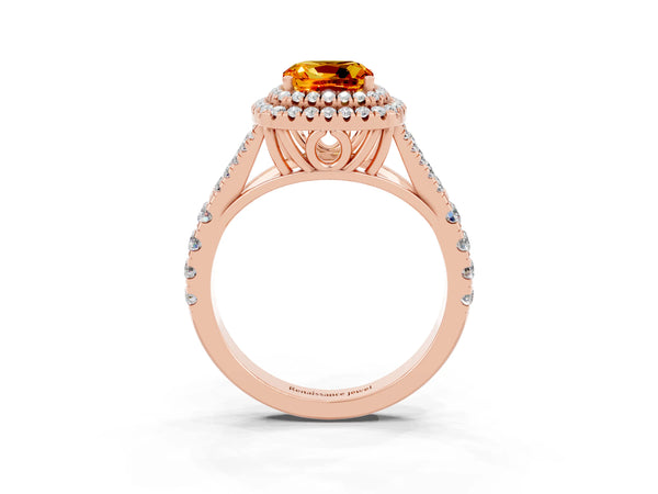 Rose gold Double Halo Cushion Cut Citrine Pavé Split Shank Ring with Prong Setting