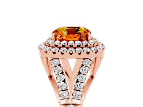 Rose gold Double Halo Cushion Cut Citrine Pavé Split Shank Ring with Prong Setting_5