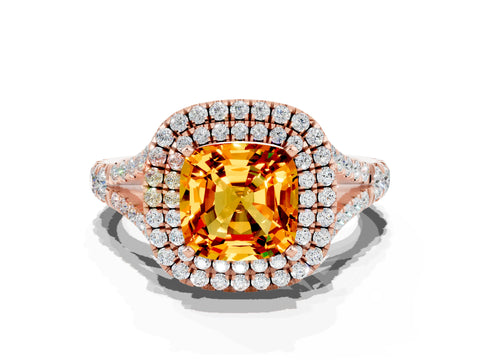 Rose gold Double Halo Cushion Cut Citrine Pavé Split Shank Ring with Prong Setting