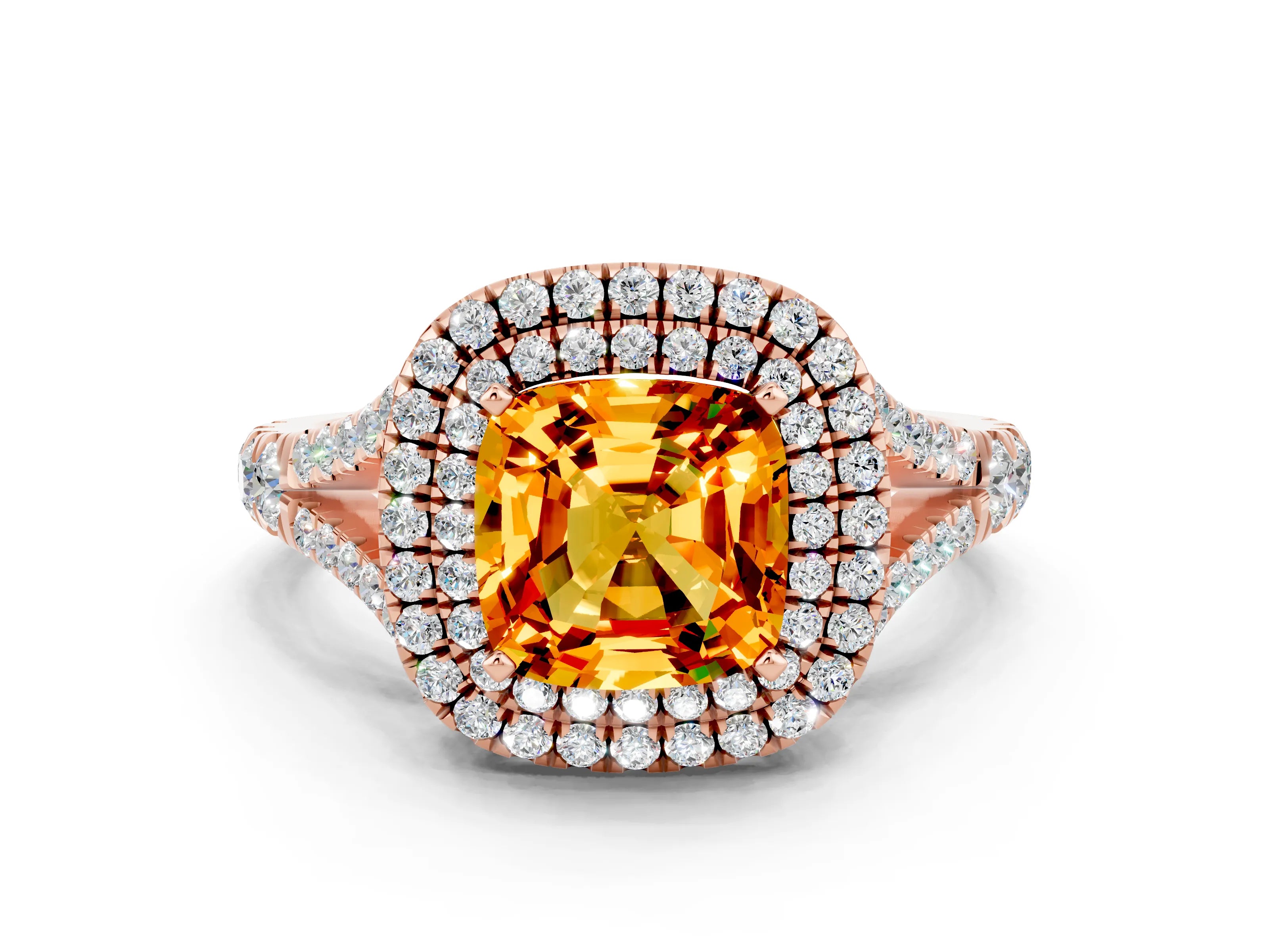 Rose gold Double Halo Cushion Cut Citrine Split Shank Engagement Ring with Four-Prong Setting