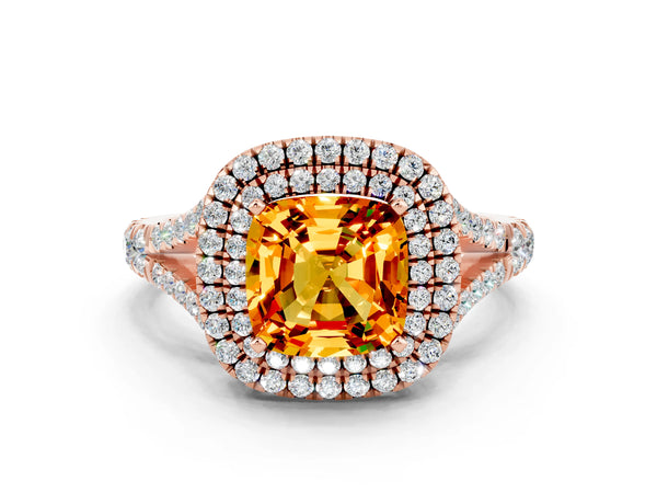 Rose gold Double Halo Cushion Cut Citrine Split Shank Engagement Ring with Four-Prong Setting
