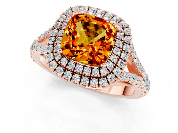 Rose gold Double Halo Cushion Cut Citrine Split Shank Engagement Ring with Four-Prong Setting