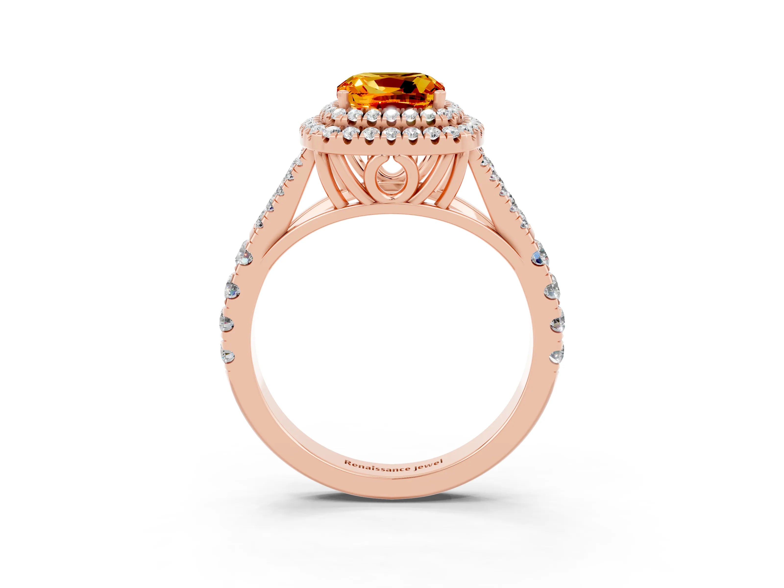 Rose gold Double Halo Cushion Cut Citrine Split Shank Engagement Ring with Four-Prong Setting_3