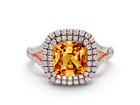 Rose gold Double Halo Cushion Cut Citrine Split Shank Engagement Ring with Four-Prong Setting