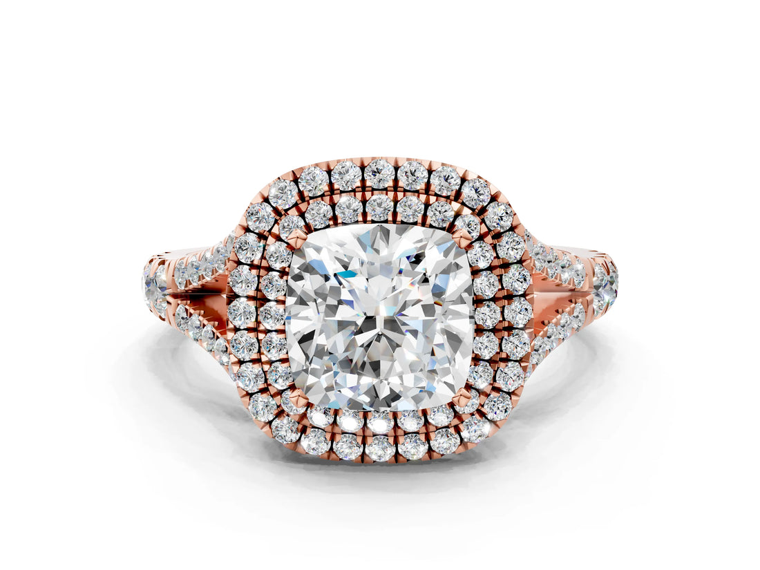 Rose gold Double Halo Cushion Cut Diamond Split Shank Engagement Ring with Four-Prong Setting_3