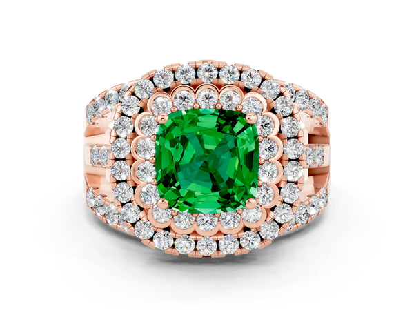 Rose gold Cushion Cut Emerald Double Halo Ring with Round Pavé Split Shank and Prong Setting
