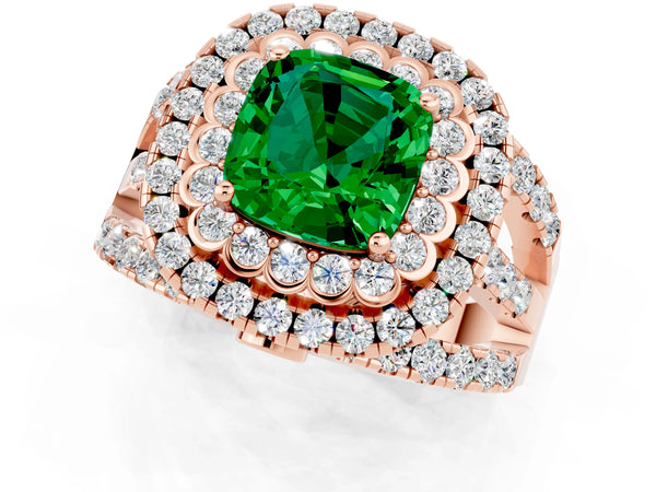 Rose gold Cushion Cut Emerald Double Halo Ring with Round Pavé Split Shank and Prong Setting