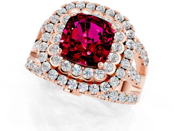 Rose gold Cushion Cut Garnet Double Halo Ring with Round Pavé Split Shank and Prong Setting