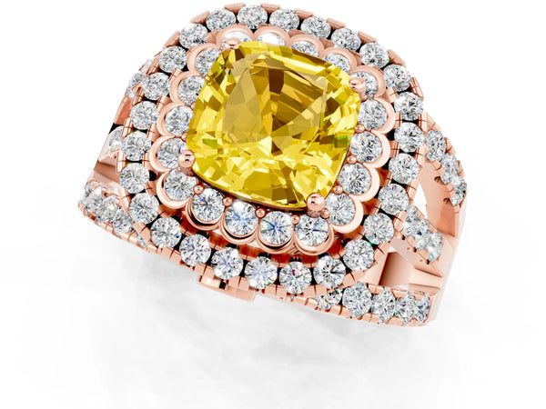 Rose gold Cushion Cut Yellow Sapphire Double Halo Ring with Round Pavé Split Shank and Prong Setting