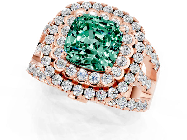 Rose gold Cushion Cut Green Sapphire Double Halo Ring with Round Pavé Split Shank and Prong Setting