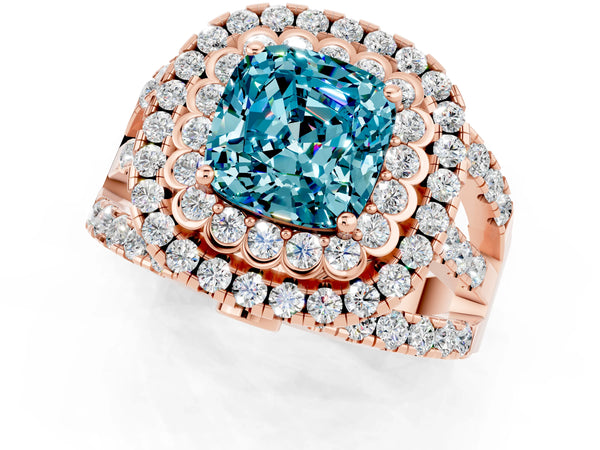 Rose gold Double Halo Cushion Cut Diamond Split Shank Pave Set Ring
