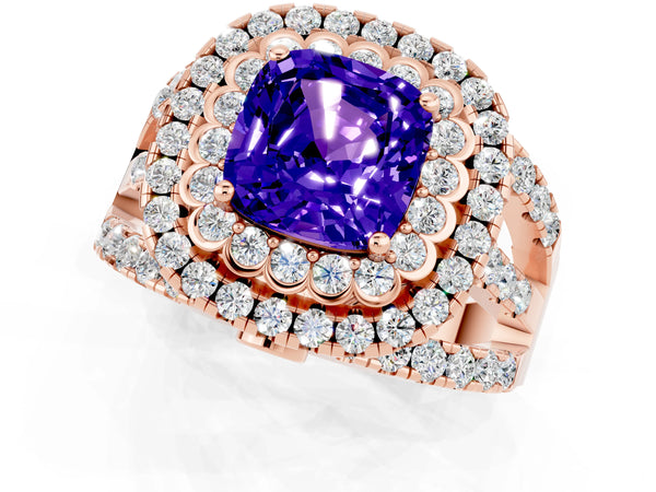 Rose gold Cushion Cut Tanzanite Double Halo Ring with Round Pavé Split Shank and Prong Setting