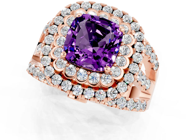 Rose gold Cushion Cut Amethyst Double Halo Ring with Round Pavé Split Shank and Prong Setting
