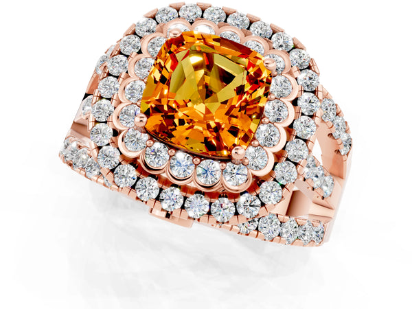 Rose gold Cushion Cut Citrine Double Halo Ring with Round Pavé Split Shank and Prong Setting
