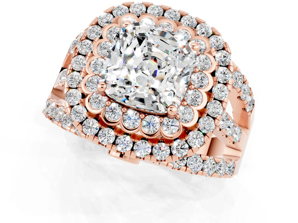 Rose gold Cushion Cut Moissanite Double Halo Ring with Round Pavé Split Shank and Prong Setting