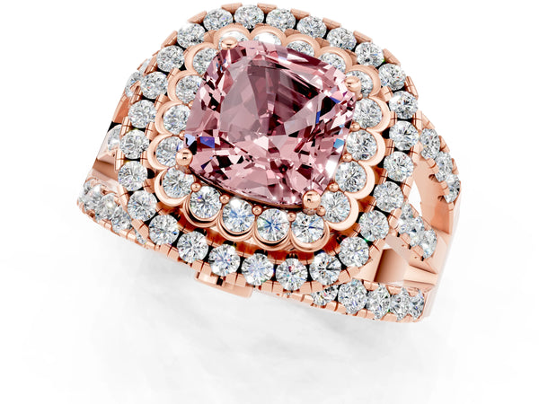 Rose gold Double Halo Cushion Cut Diamond Split Shank Pave Set Ring
