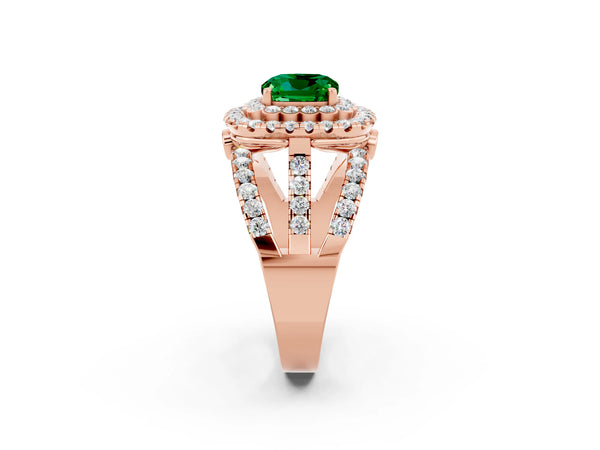 Rose gold Cushion Cut Emerald Double Halo Ring with Round Pavé Split Shank and Prong Setting