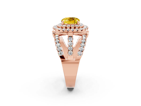 Rose gold Cushion Cut Yellow Sapphire Double Halo Ring with Round Pavé Split Shank and Prong Setting