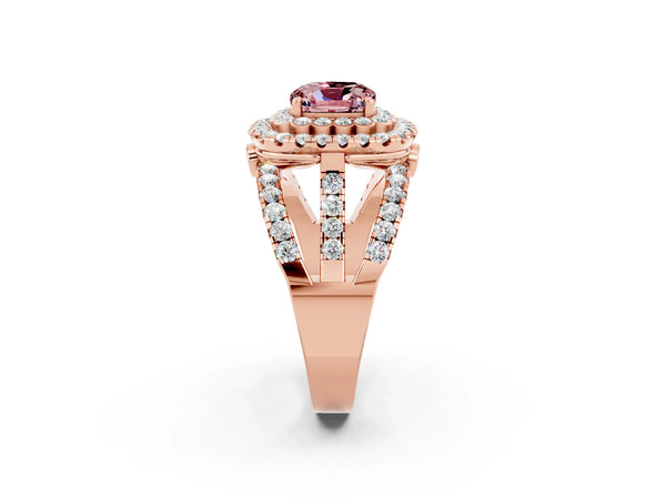 Rose gold Double Halo Cushion Cut Diamond Split Shank Pave Set Ring