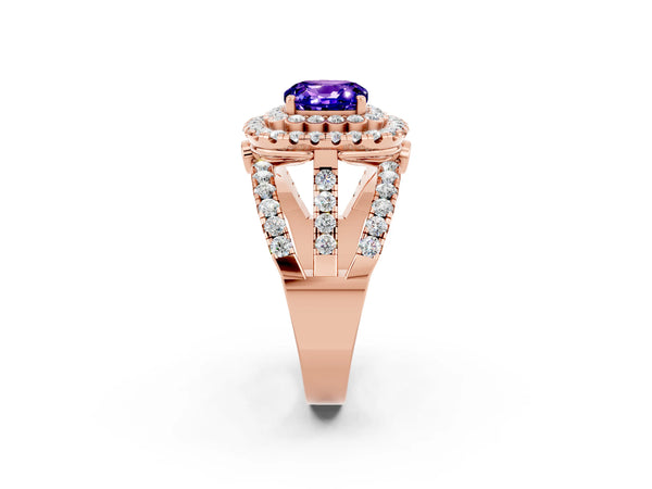 Rose gold Cushion Cut Tanzanite Double Halo Ring with Round Pavé Split Shank and Prong Setting