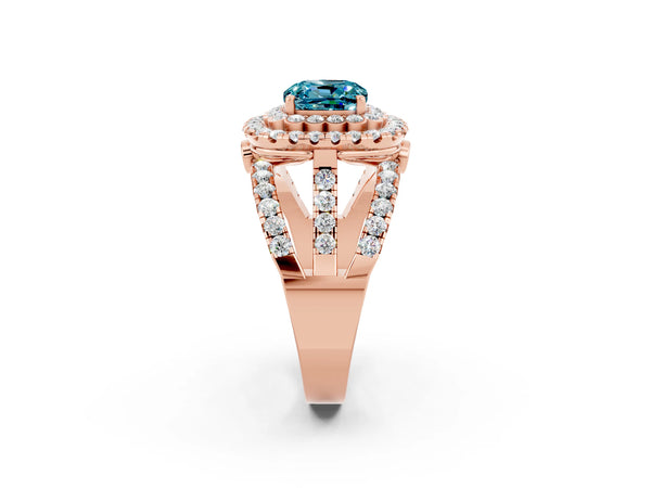 Rose gold Double Halo Cushion Cut Diamond Split Shank Pave Set Ring